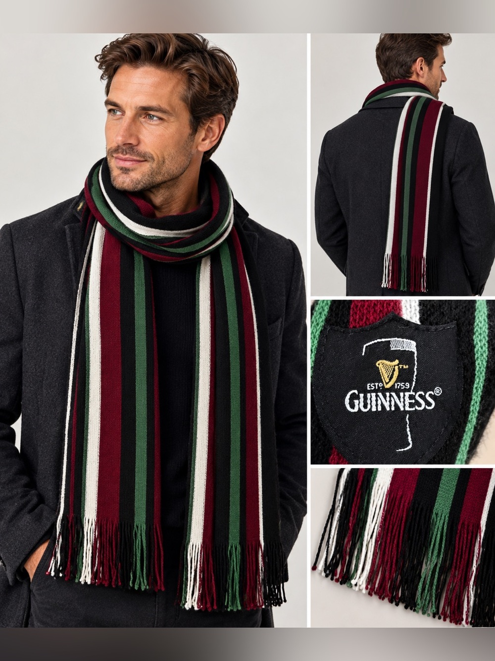 Guinness Beer Striped Knit Scarf Black Green Burgundy White